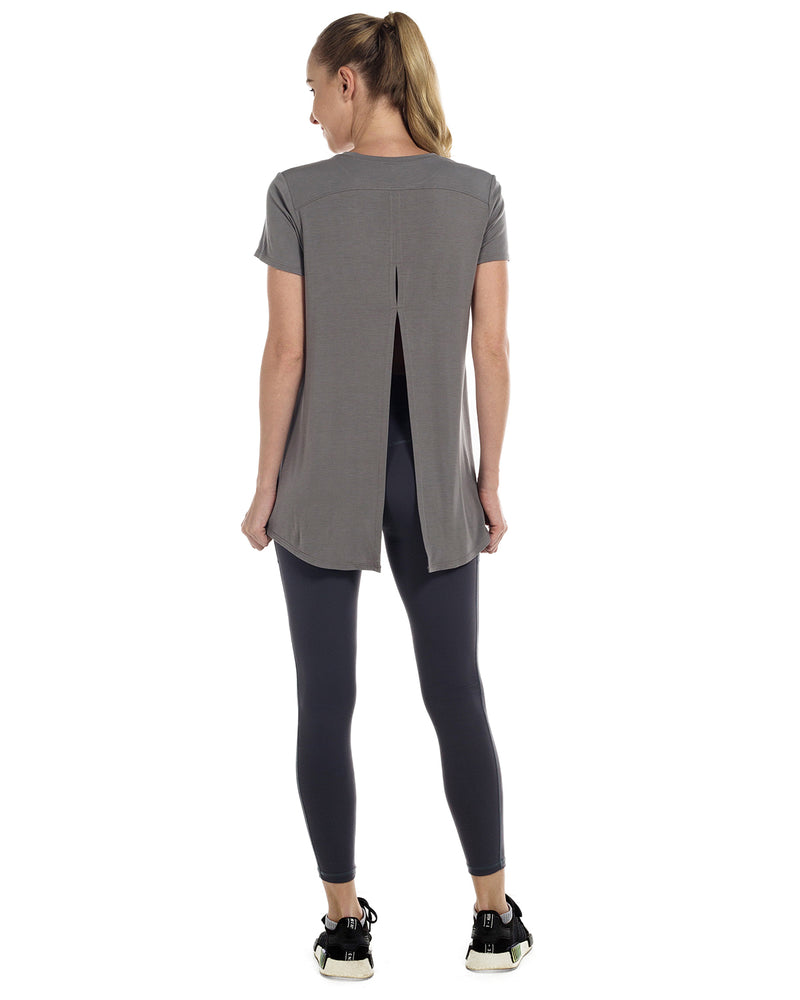 Tie Back T Shirts for Women, Short Sleeves Crew Neck Open Back Tee Tops Athletic Sweatshirts Dk Grey