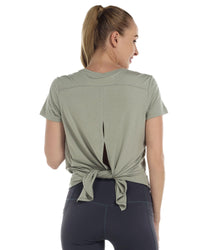 Tie Back T Shirts for Women, Short Sleeves Crew Neck Open Back Tee Tops Athletic Sweatshirts Stone Green