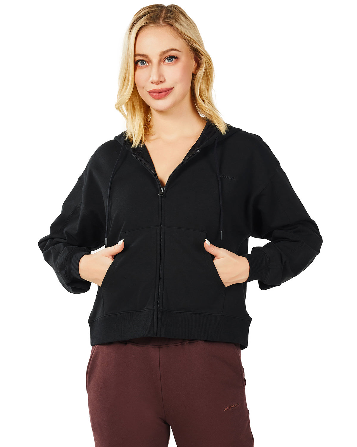 Women's Active Workout Long Sleeve Drawstring Full Zip Hooded Jacket Crop Sweatshirt with Kangaroo Hand Pockets