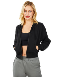 Women's Active Workout Long Sleeve Drawstring Full Zip Hooded Jacket Crop Sweatshirt