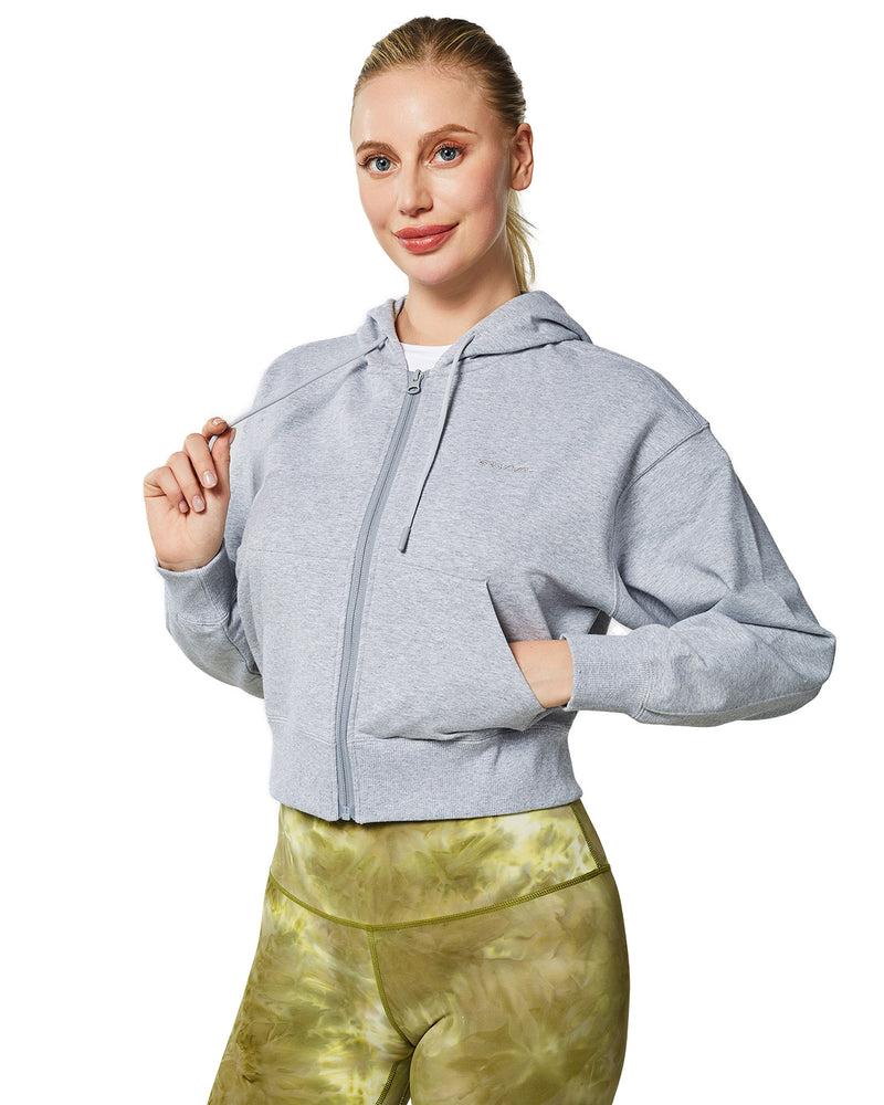 Women's Active Workout Long Sleeve Drawstring Full Zip Hooded Jacket Crop Sweatshirt