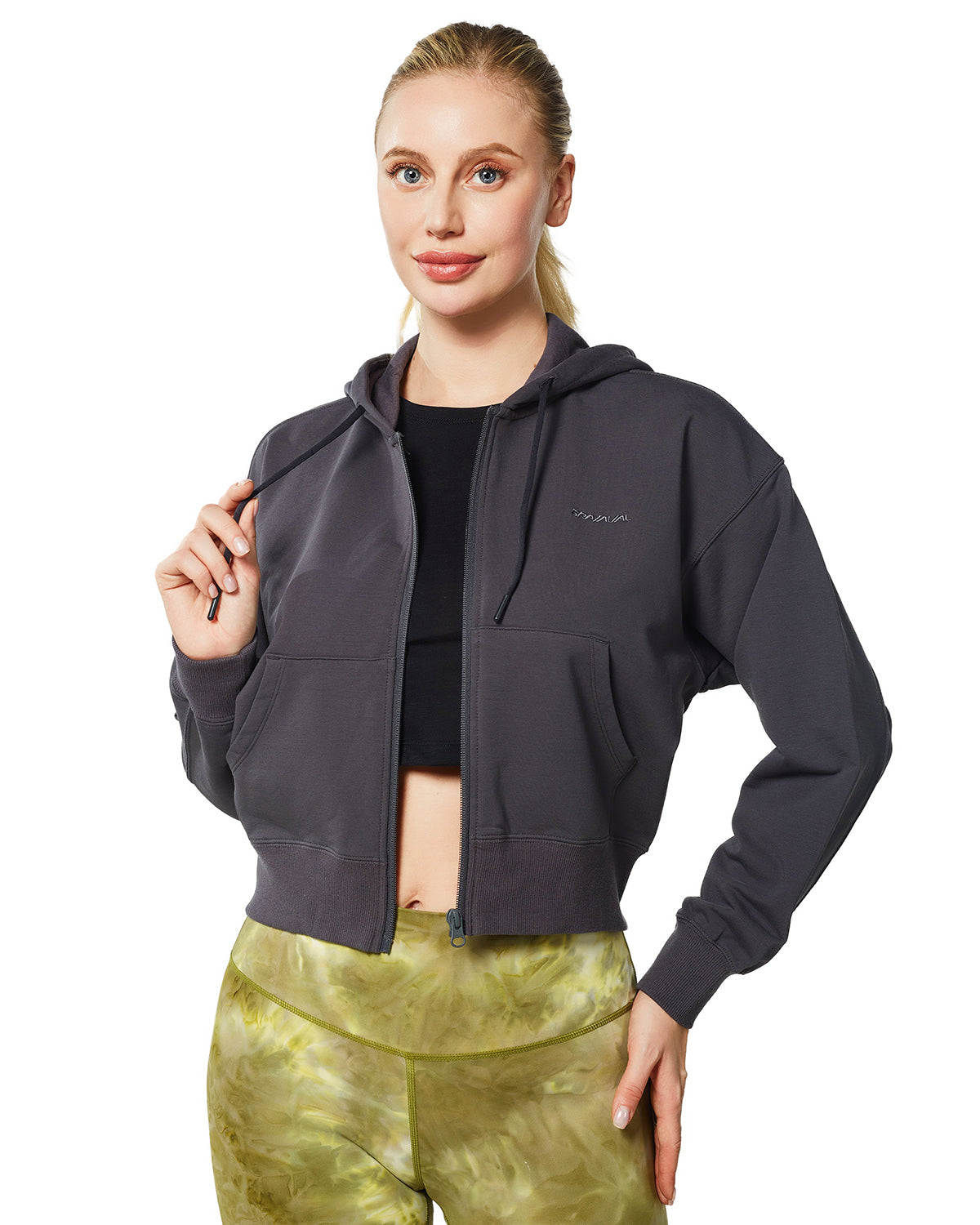 Women's Active Workout Long Sleeve Drawstring Full Zip Hooded Jacket Crop Sweatshirt