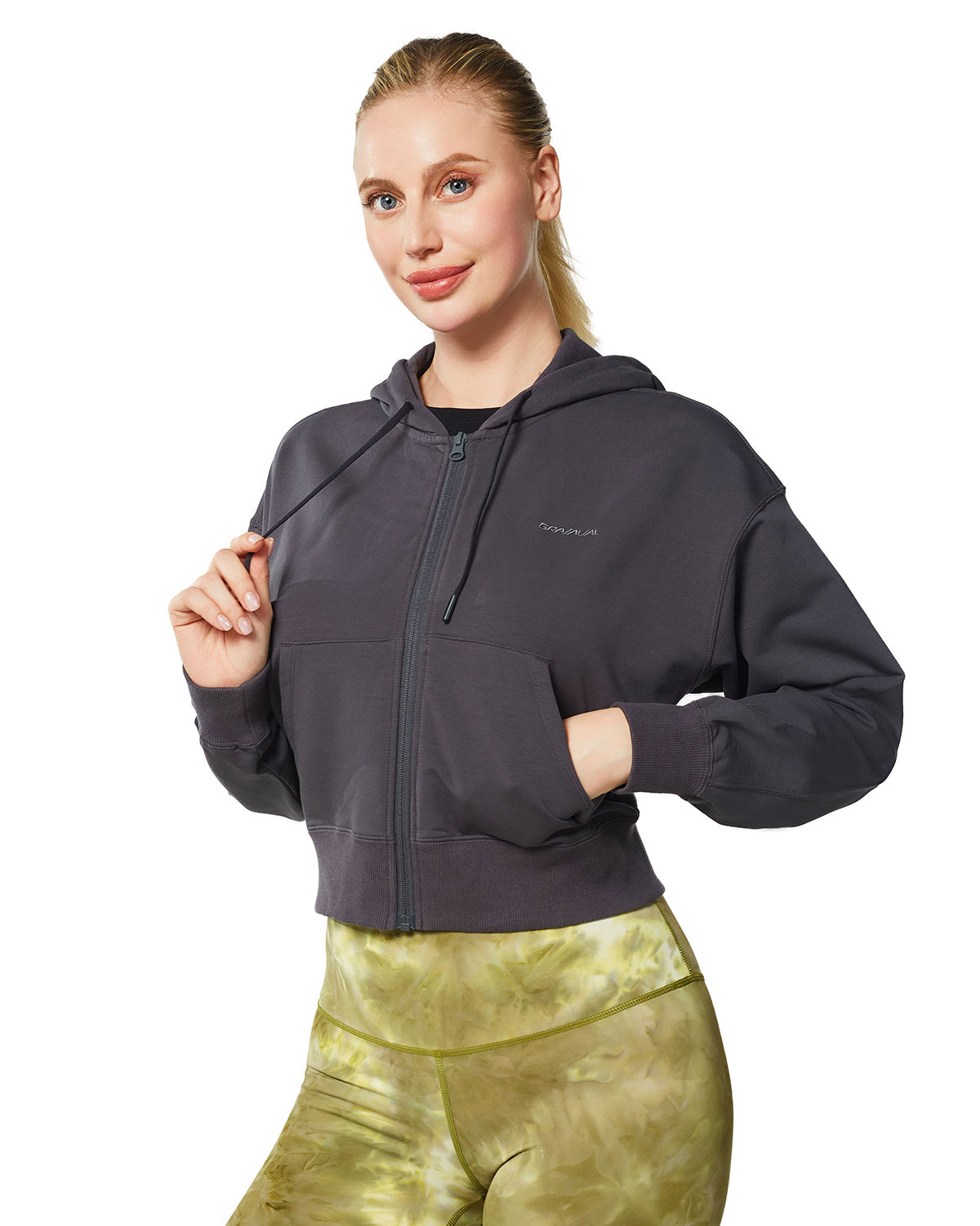 Women's Active Workout Long Sleeve Drawstring Full Zip Hooded Jacket Crop Sweatshirt