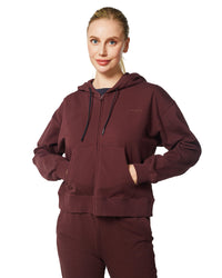 Women's Active Workout Long Sleeve Drawstring Full Zip Hooded Jacket Crop Sweatshirt with Kangaroo Hand Pockets