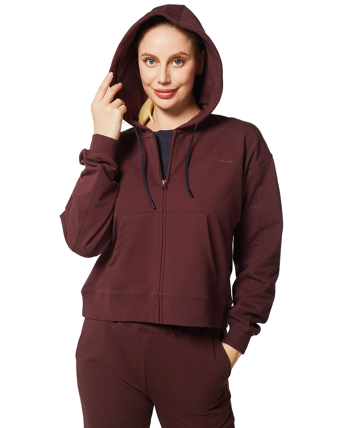 Women's Active Workout Long Sleeve Drawstring Full Zip Hooded Jacket Crop Sweatshirt with Kangaroo Hand Pockets