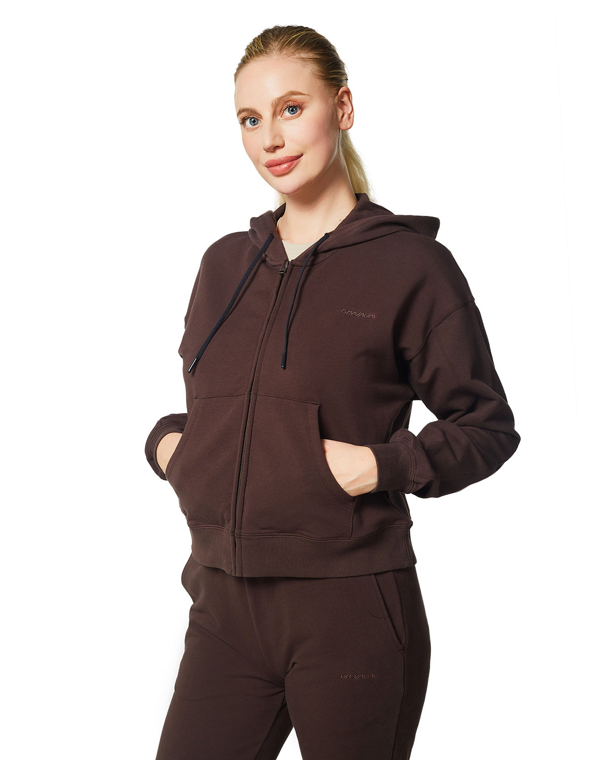 Women's Active Workout Long Sleeve Drawstring Full Zip Hooded Jacket Crop Sweatshirt with Kangaroo Hand Pockets