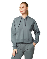 Women's Active Workout Long Sleeve Drawstring Full Zip Hooded Jacket Crop Sweatshirt with Kangaroo Hand Pockets